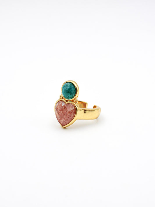 Bague cœur - gamme ALBA - pierres naturelles : quartz fraise, onyx vert - nouvelle collection 23FW - l’Atelier des Dames