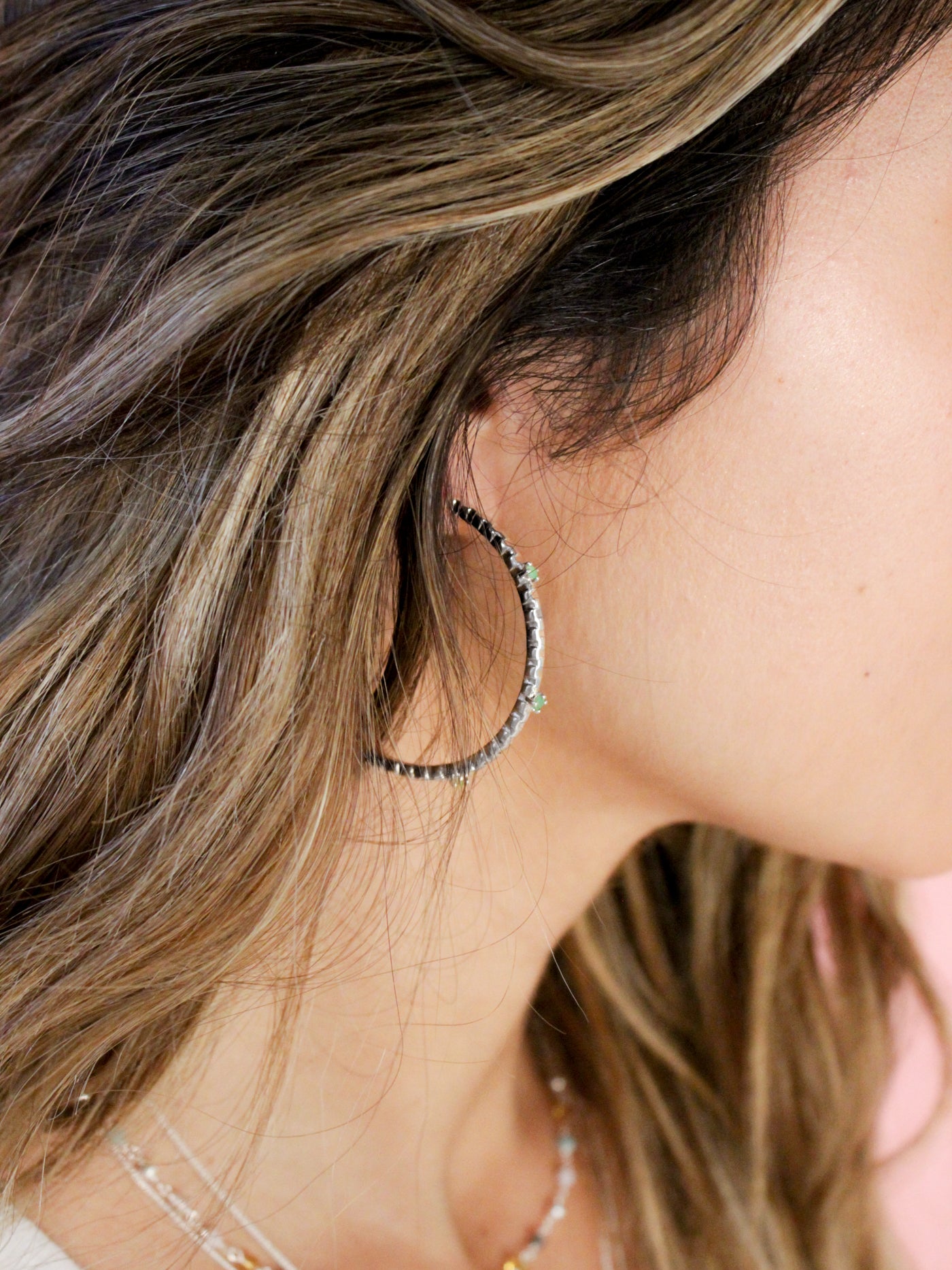 Chrysoprase silver rhinestone hoop earrings - LOUISE