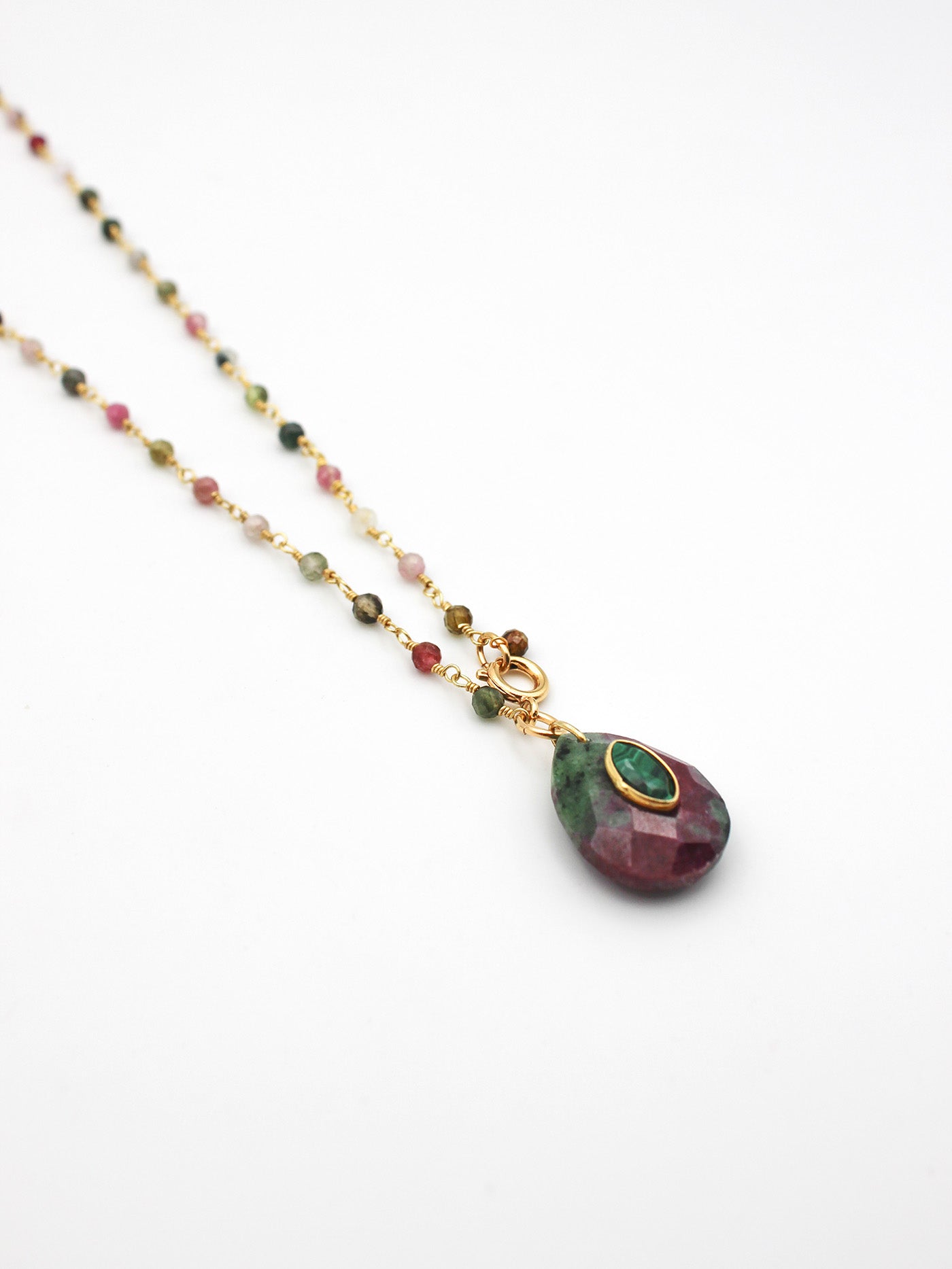 Collier perles et goutte - gamme ALBA - pierres naturelles : watermelon tourmaline, ruby zoïsite, malachite - nouvelle collection 23FW - l’Atelier des Dames