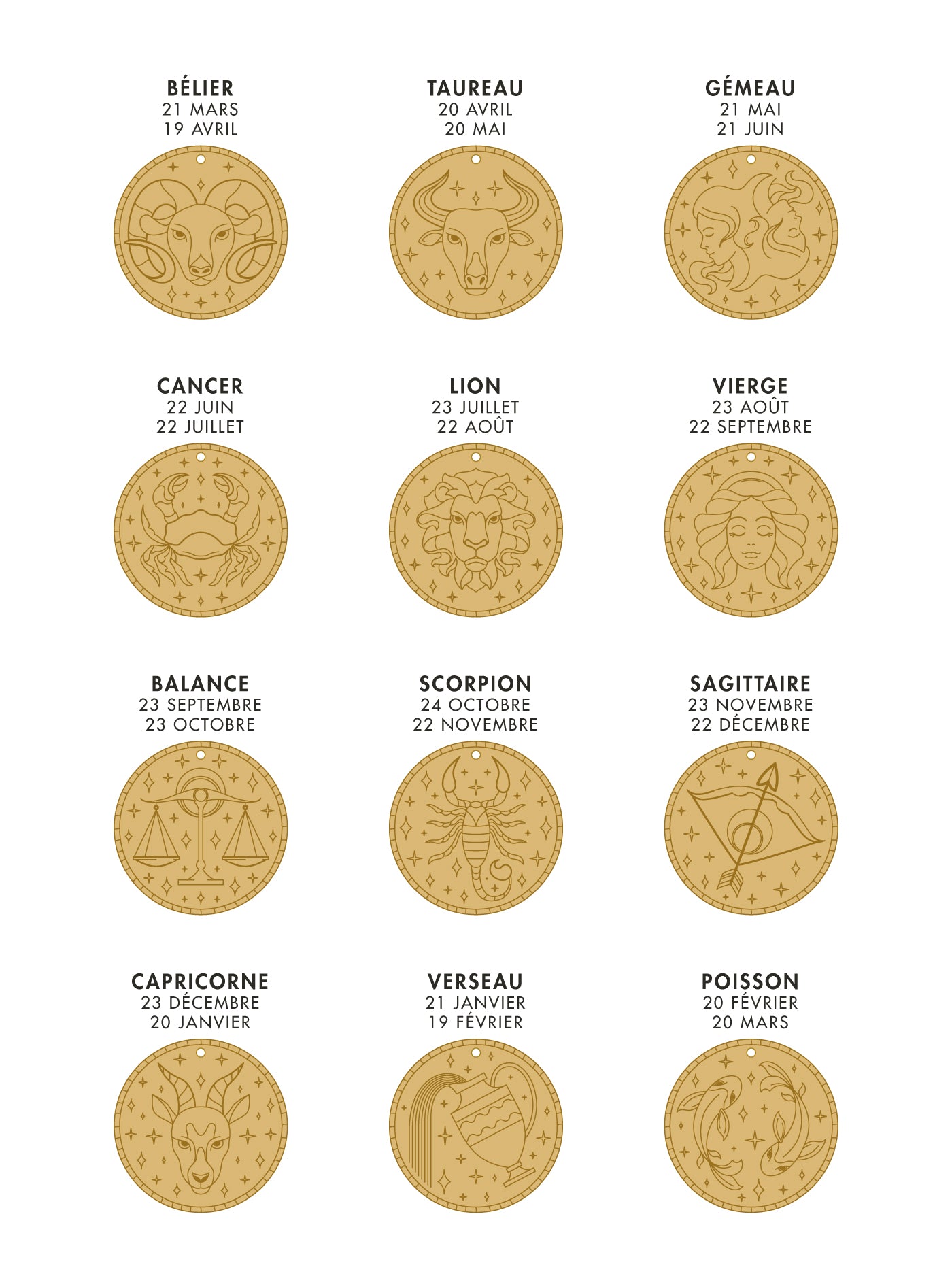 Colliers Astro - L'Atelier des Dames - Médaillons gravés en signe astro - 12 signes astrologiques - Plaqué Or