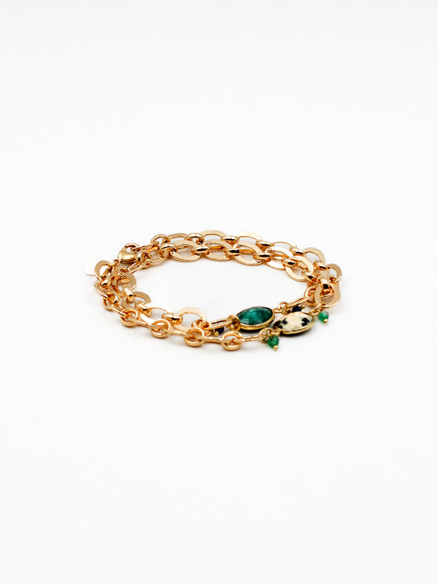 Bracelet double - gamme BILLIE - laiton doré à l’or fin - pierres naturelles : onyx vert, jaspe dalmatien, lapis lazuli - nouvelle collection 23FW - l’Atelier des Dames