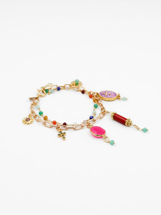 Bracelet double grigri multico - gamme CARLA - pierres naturelles : multico chakra, calcédoine rose, corail - nouvelle collection 23FW - l’Atelier des Dames