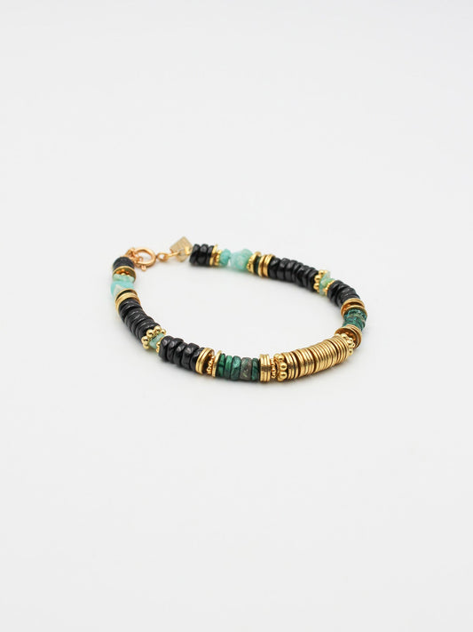 Bracelet heishi - gamme CORALIE - pierres naturelles : onyx noir, chrysocolle, amazonite - nouvelle collection 23FW - l’Atelier des Dames