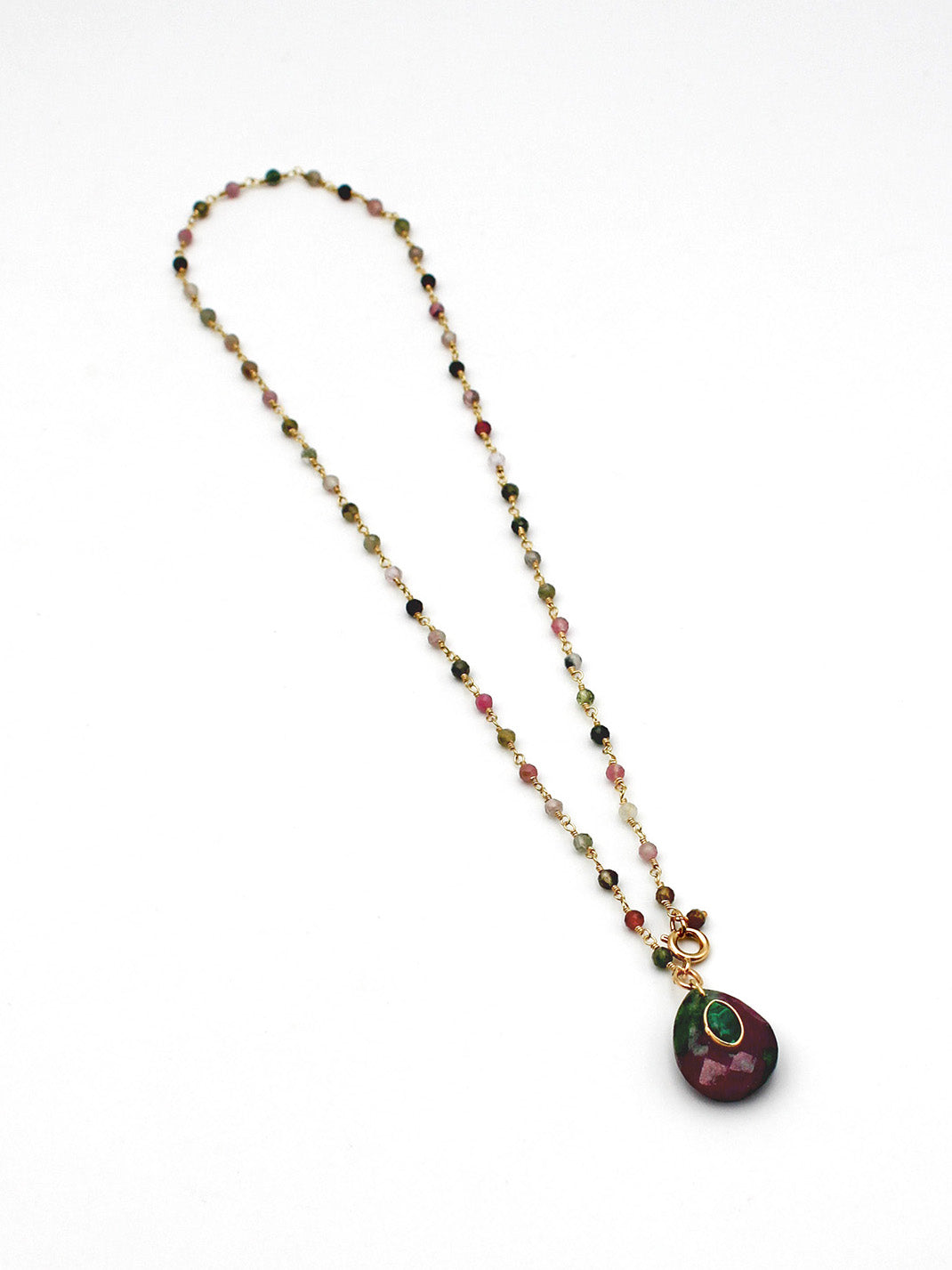 Collier perles et goutte - gamme ALBA - pierres naturelles : watermelon tourmaline, ruby zoïsite, malachite - nouvelle collection 23FW - l’Atelier des Dames